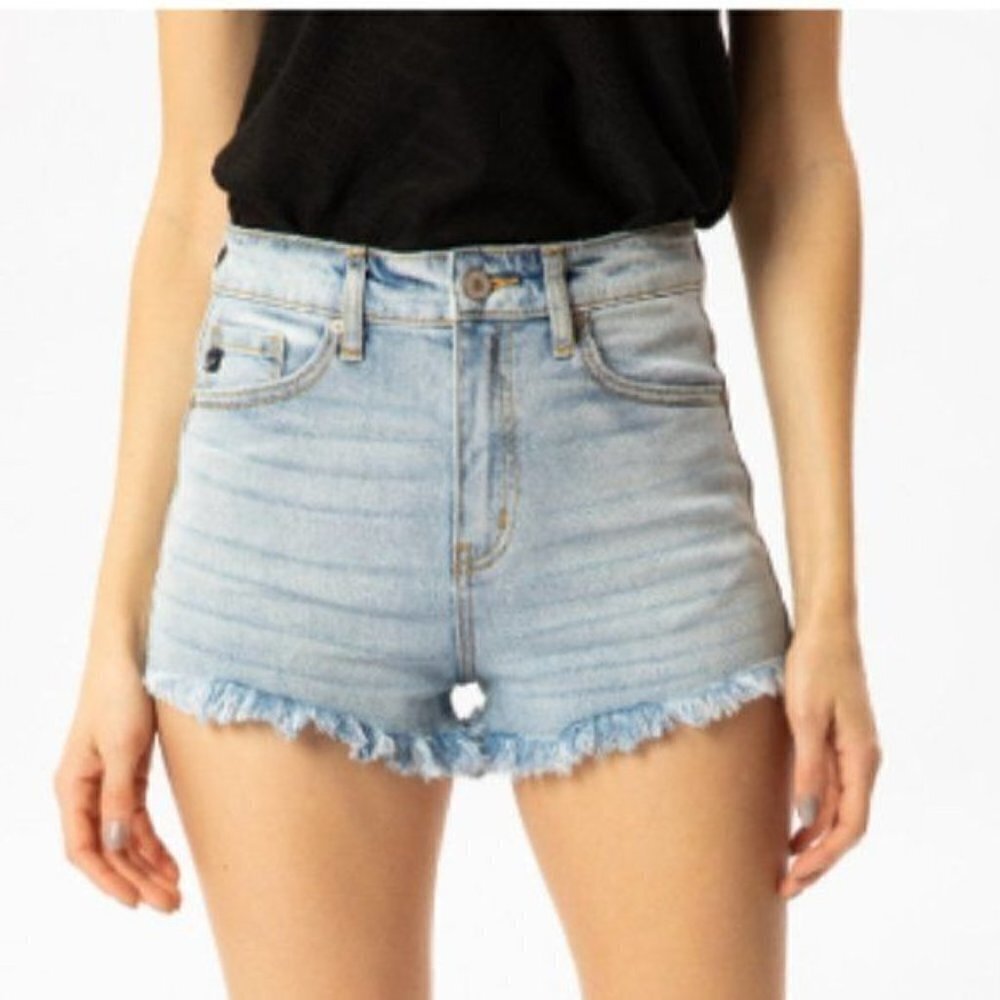 NEW KanCan High Rise Frayed Stretch Light Wash Blue Denim Jean Short Size Small